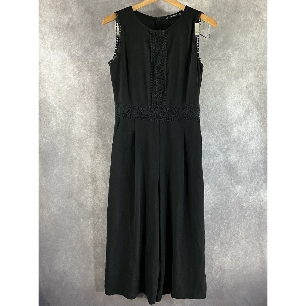 Zara Jumpsuit Womens Medium Black Wide Leg Pockets Embroidered Fringe Sleeveless